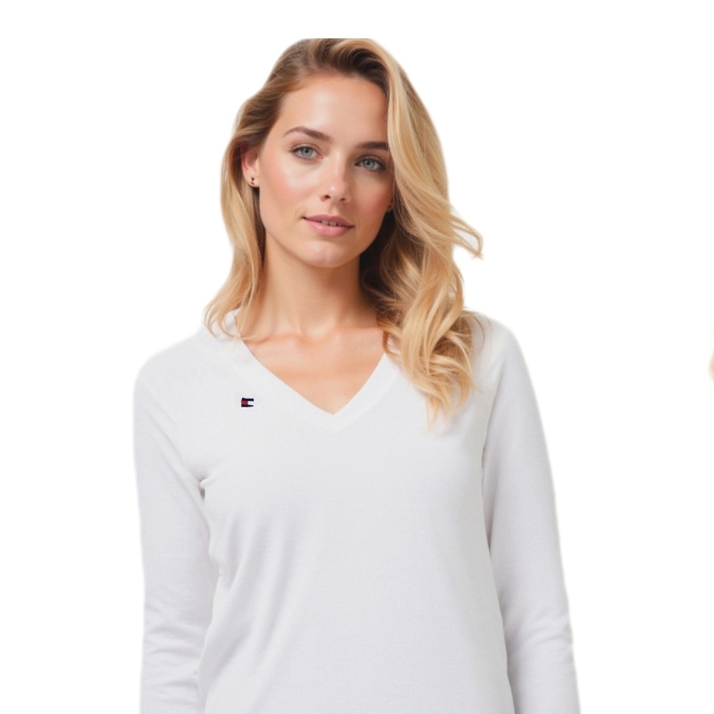 Tommy Hilfiger Womens V Neck Cotton Blend Long Sleeve Knit Sweater Sz Medium